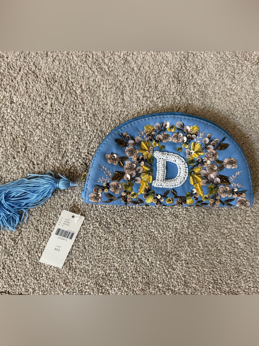 Anthropologie Blue Embellished Half-Moon Clutch with Tassel
